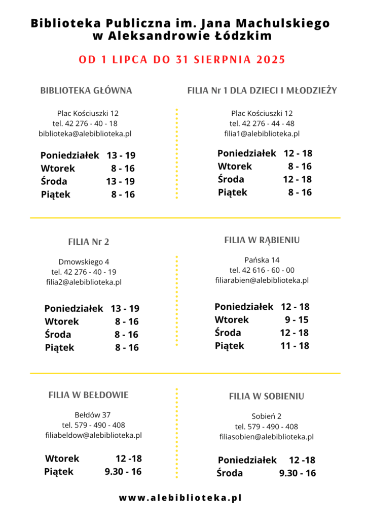 GODZINY PRACY WSZYSTKICH FILII BIBLIOTEKI