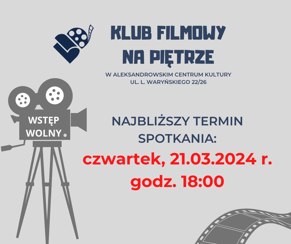 Grafika z informacją o spotkaniu klubu filmowego w marcu.