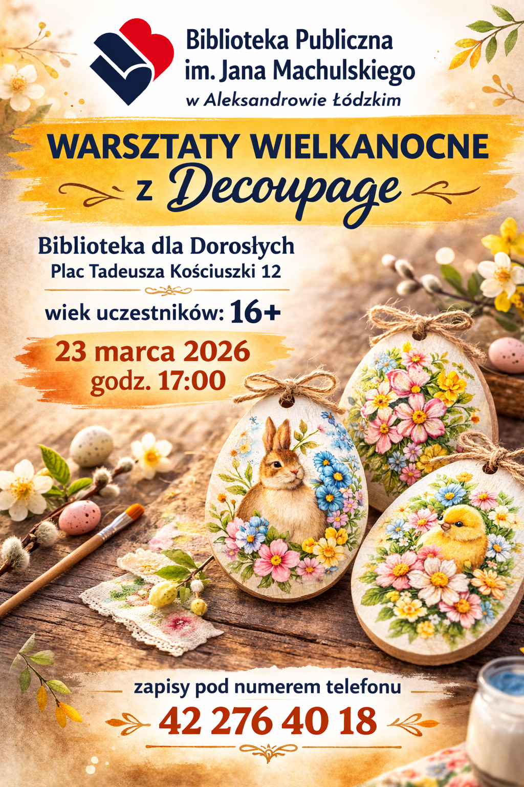 plakat zapraszający na warsztaty wielkanocne z decoupage