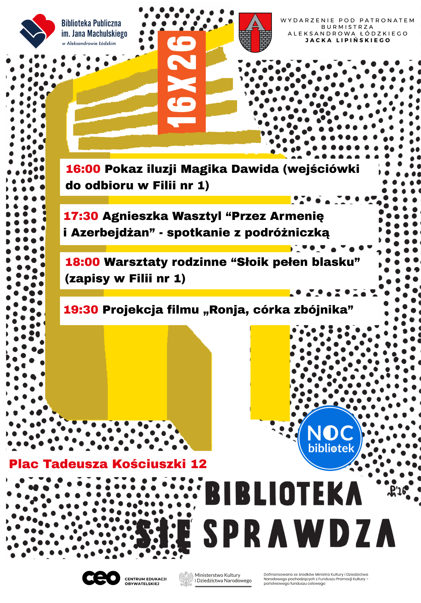 Plakat z planem wydarzeń Nocy Bibliotek 2026
