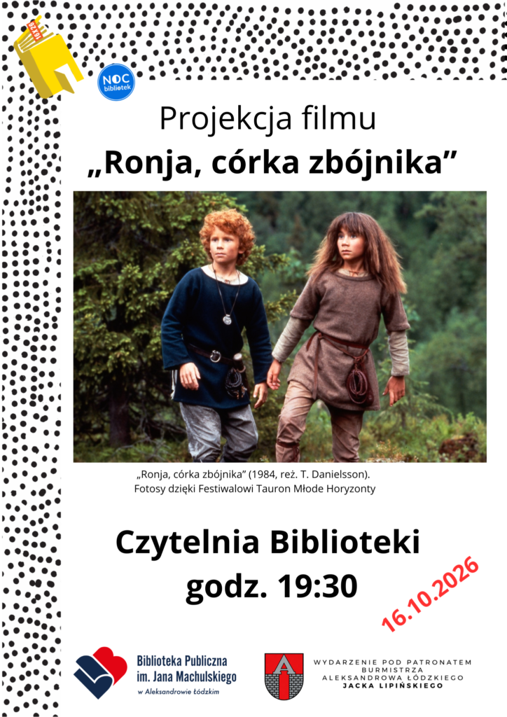 Plakat zapraszający na projekcję filmu - 19:30 16 października czytelnia biblioteki, Córka zbójnika 19:30 16 października czytelnia biblioteki